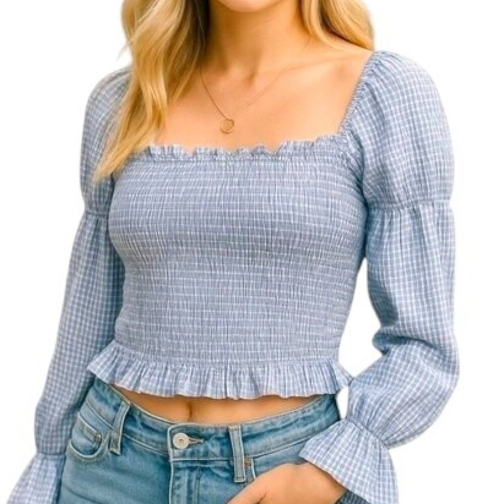 Urban Outfitters Cropped Smocked Top Dusty Blue Gingham Check Womens Size Medium